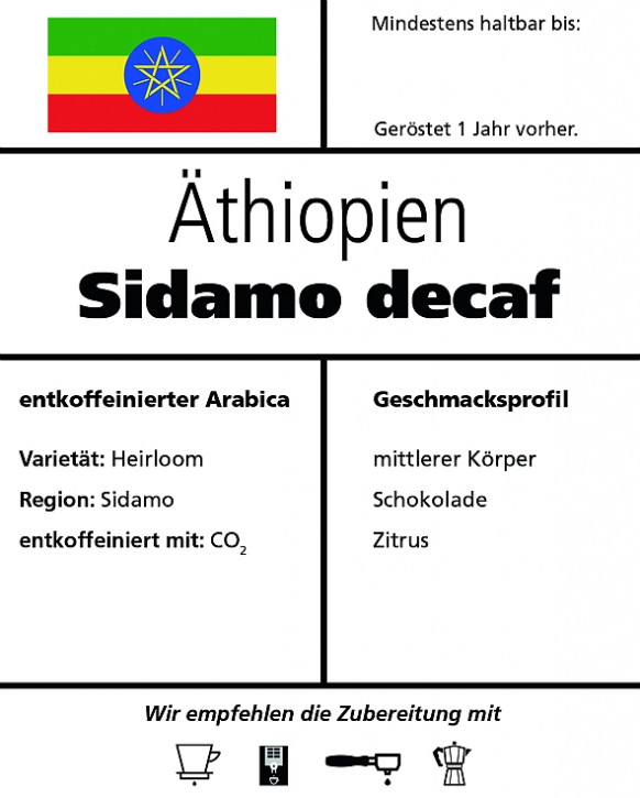 Äthiopien Sidamo entkoffeiniert 500g / ganze Bohne