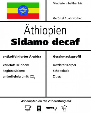 Äthiopien Sidamo entkoffeiniert 500g / ganze Bohne
